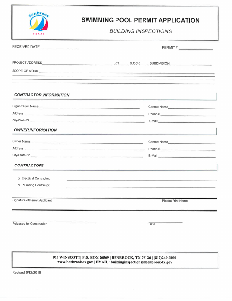 First page of the Swimming Pool BWA Submittal