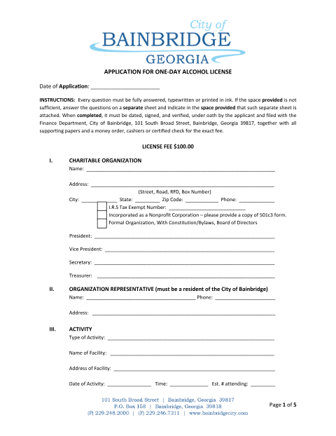 First page of the One-Day Alcohol License Application