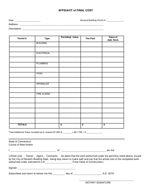 First page of the Affidavit of Final Cost