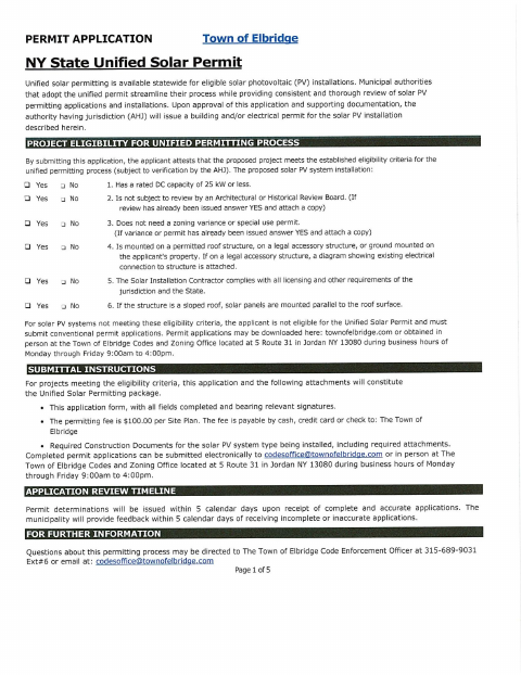 First page of the NYS Unified Solar Permit