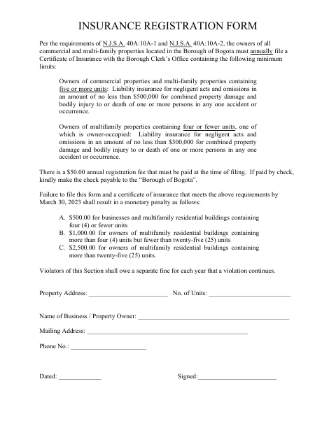 First page of the Insurance Registration Form