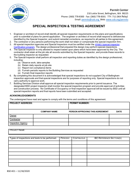 First page of the Special Inspection & Testing Agreement
