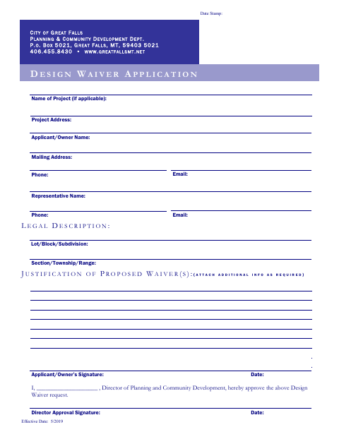 First page of the Design Waiver Application