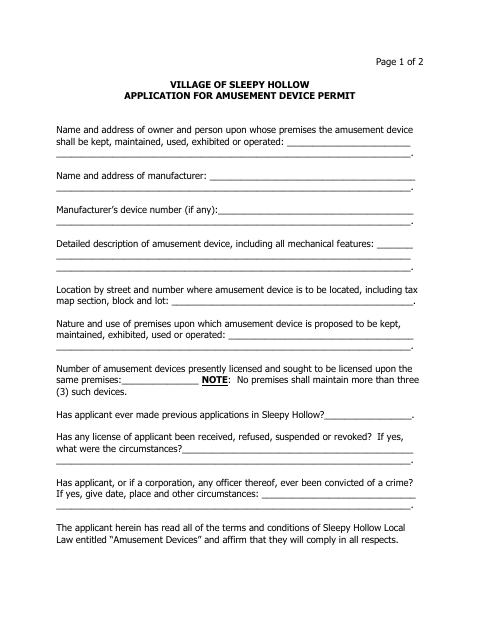 First page of the Application for Amusement Device Permit