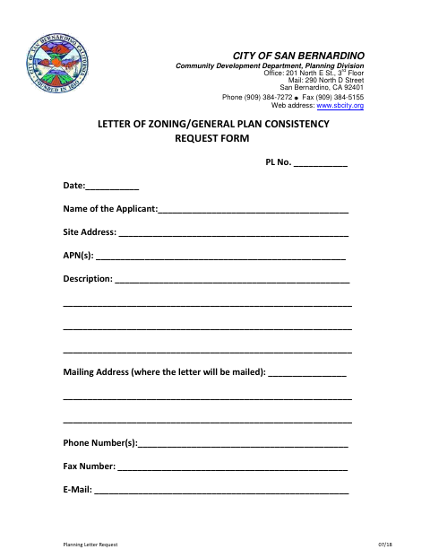 First page of the Letter of Zoning/General Plan Consistency Request Form
