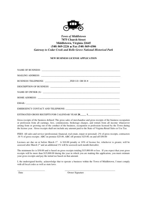 First page of the New Business License Application