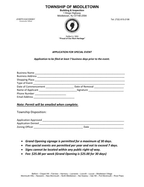 First page of the Application for Special Event