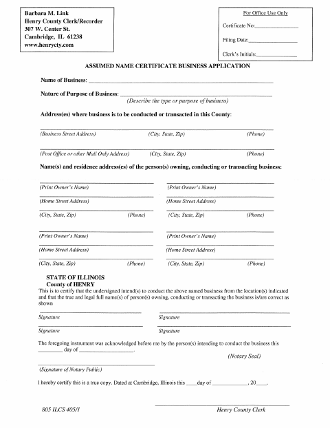 First page of the Assumed Name Certificate Business Application