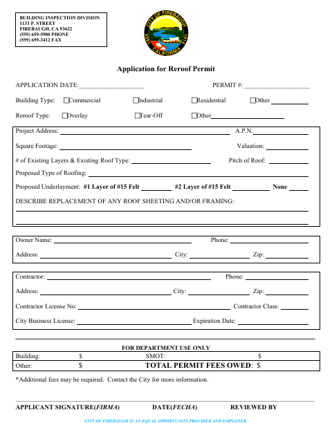 First page of the Application for Reroof Permit