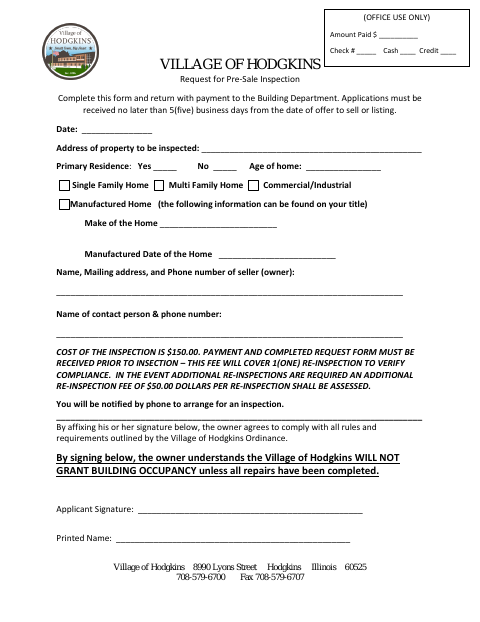 First page of the Request for Pre-Sale Inspection