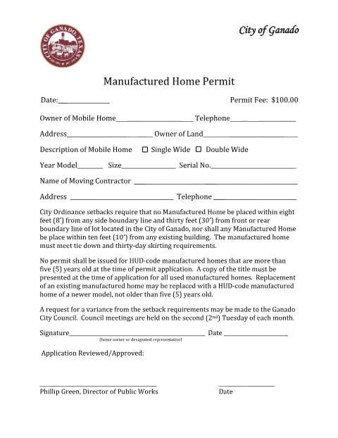 First page of the Manufactured Home Permit