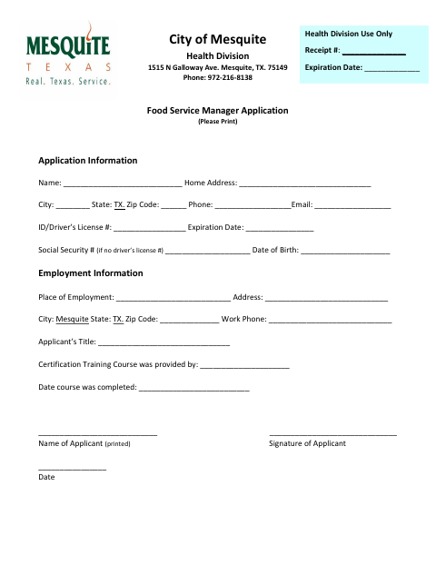 First page of the Food Service Manager Application