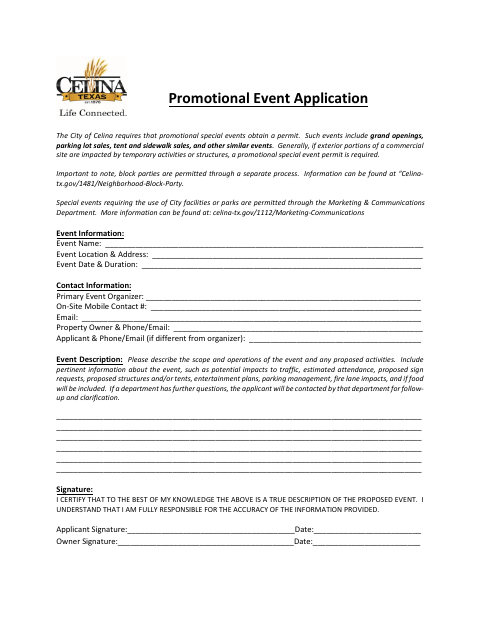 First page of the Promotional Event Application