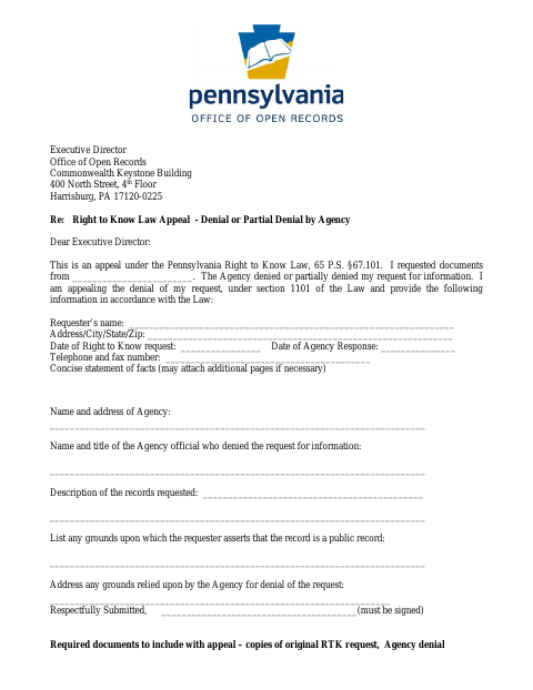 First page of the Right to Know Law Appeal – Denial or Partial Denial by Agency
