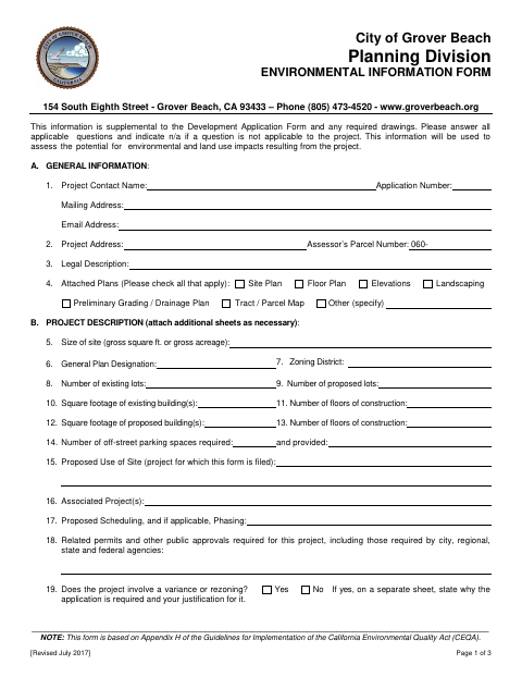 First page of the Environmental Information Form