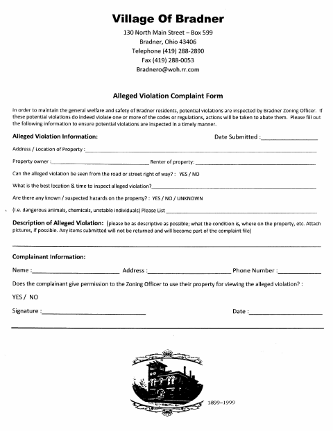 First page of the Zoning Alleged Violation Complaint Form