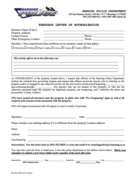 First page of the Trespass Arrest Authorization
