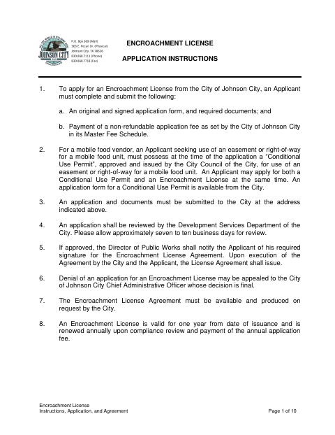 First page of the Encroachment License Instructions, Application, and Agreement