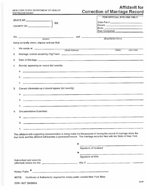 First page of the Affidavit for Correction of Marriage Record