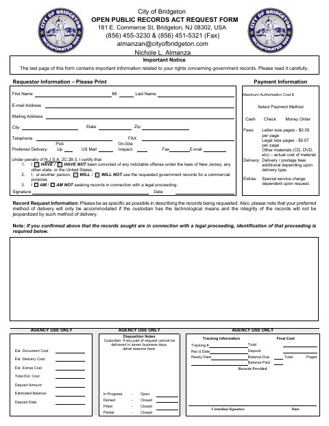 First page of the Open Public Records Act Request Form
