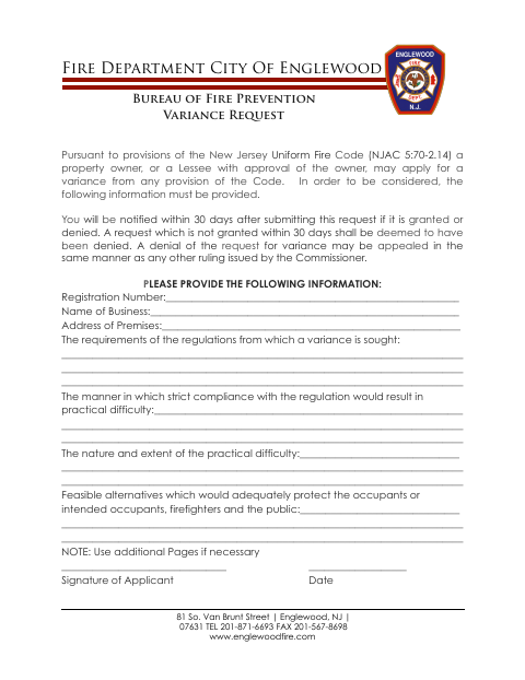 First page of the Fire Code Variance Request