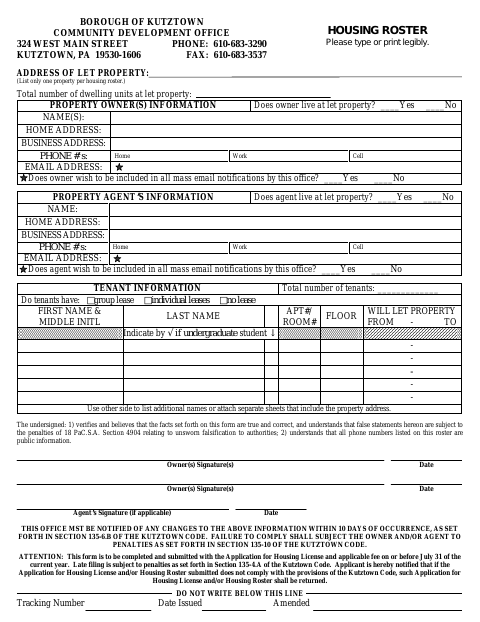 First page of the Housing Roster