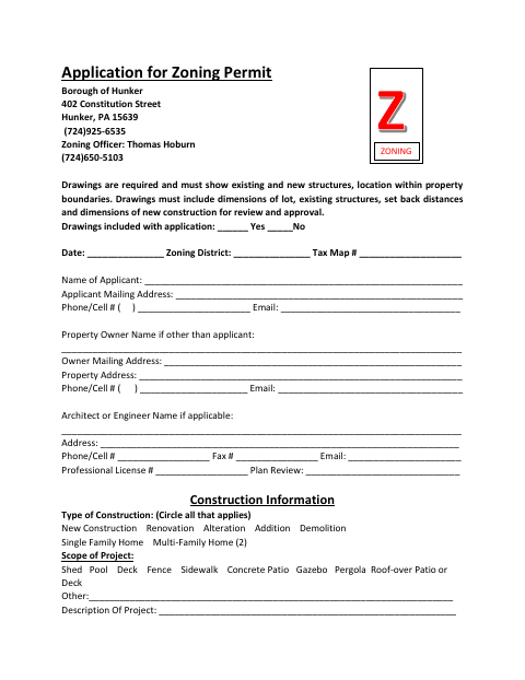 First page of the Application for Zoning Permit
