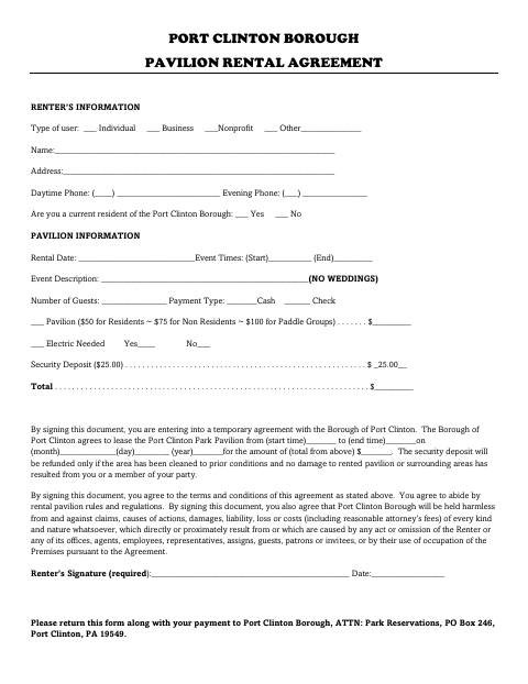 First page of the Pavilion Rental Agreement
