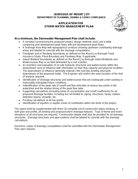 First page of the Application for Storm Water Management Plan