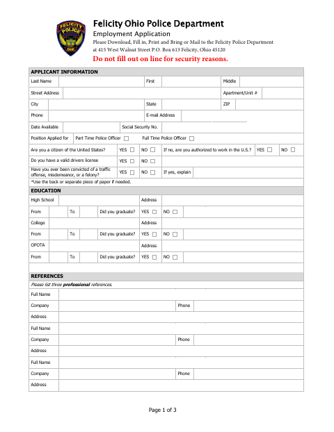 First page of the Police Department Employment Application