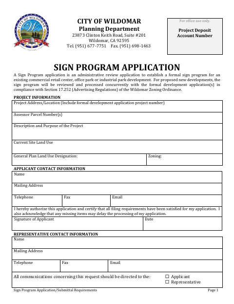 First page of the Sign Program Application