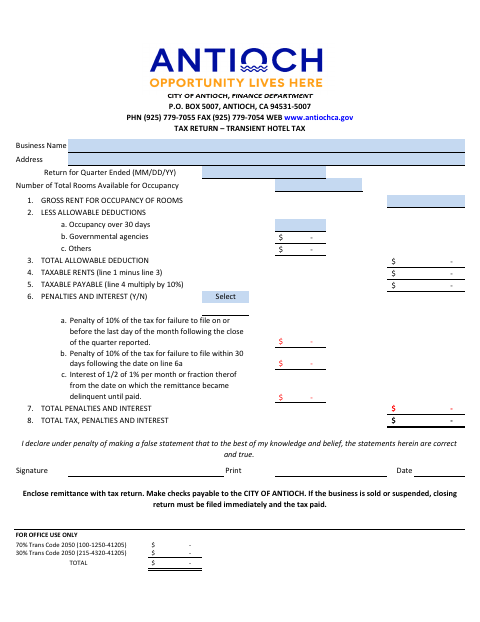 First page of the Tax Return – Transient Hotel Tax