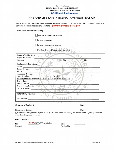 First page of the Fire and Life Safety Inspection Registration