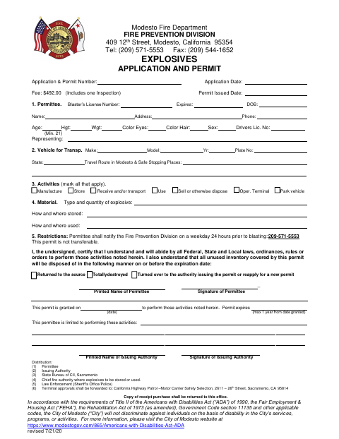 First page of the Explosives Application and Permit