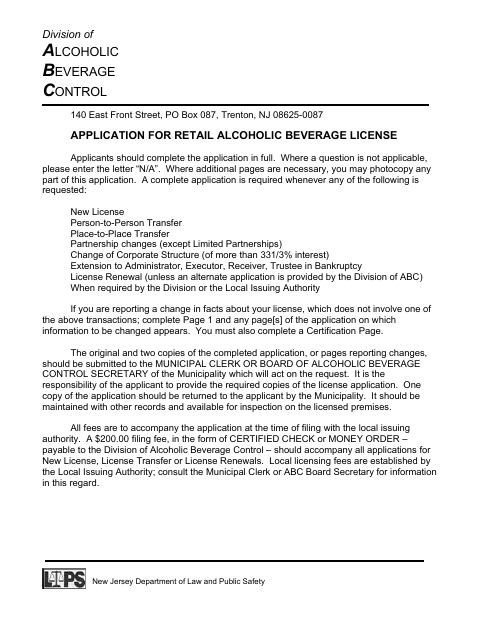 First page of the Retail Liquor License Application