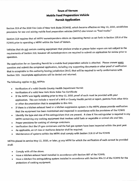 First page of the Mobile Food Preparation Vehicle Permit Application