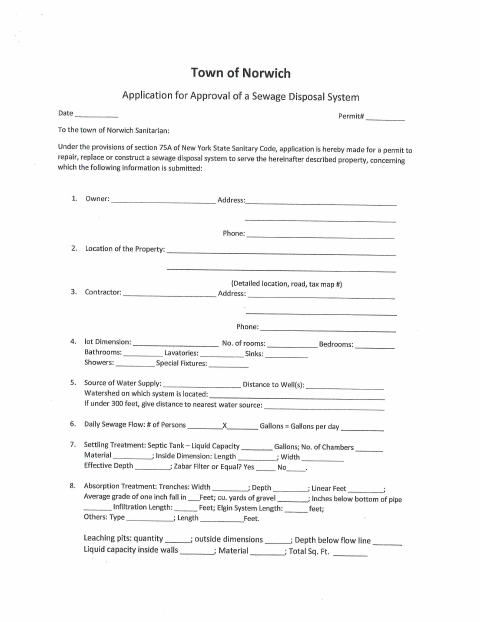 First page of the Application for Approval of a Sewage Disposal System