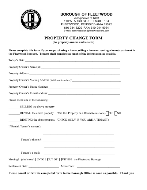 First page of the Property Change Form