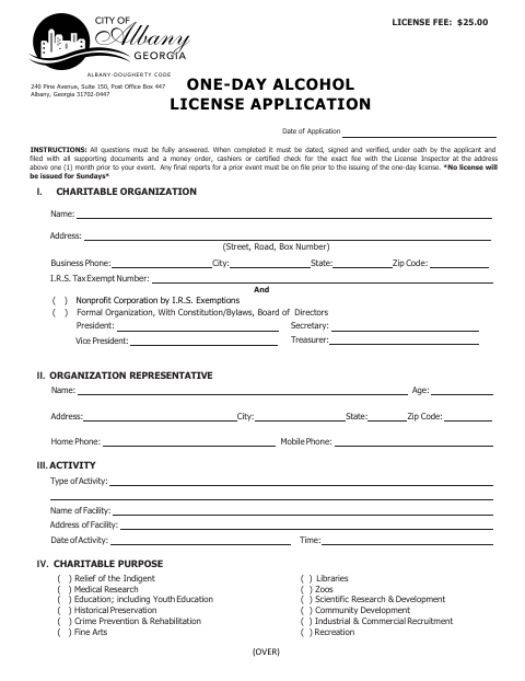 First page of the One-Day Alcohol License Application