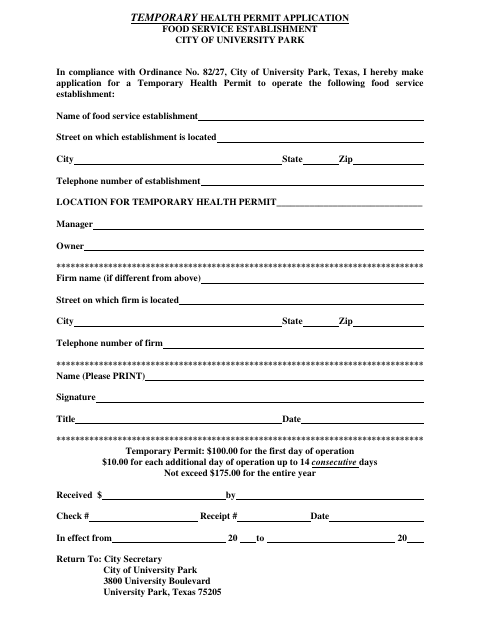 First page of the Temporary Health Permit Application Food Service Establishment