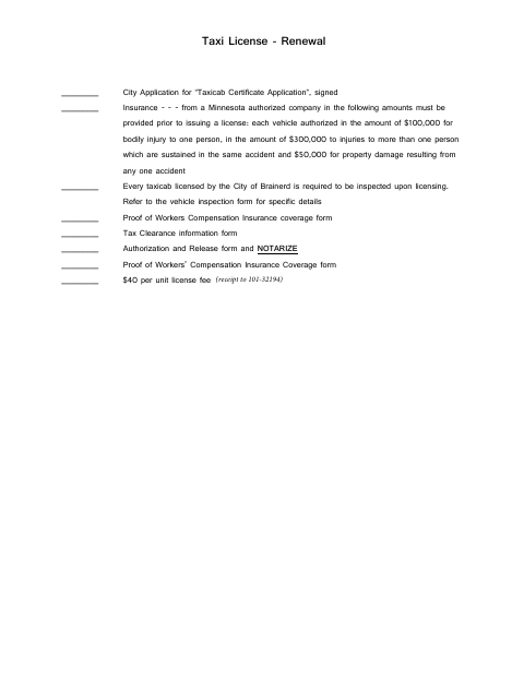 First page of the Taxicab License Renewal