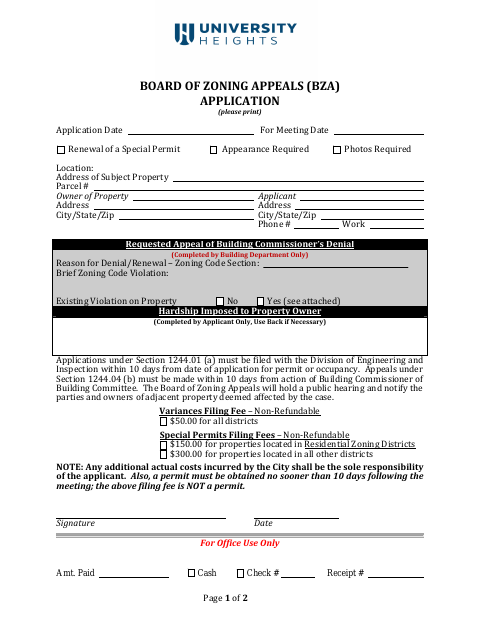 First page of the Board of Zoning Appeals Application