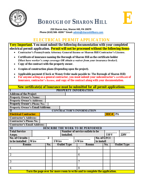 First page of the Electrical Permit Application