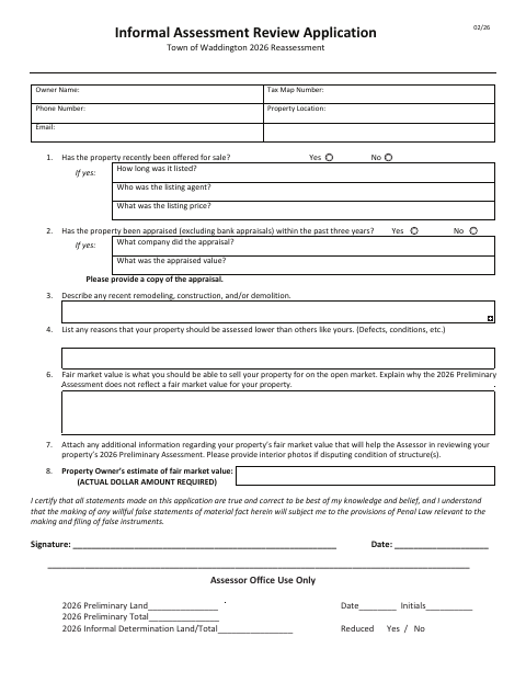 First page of the Informal Assessment Review Application