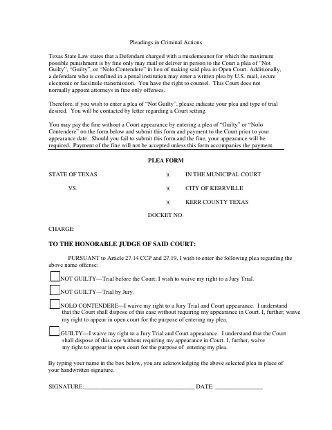 First page of the Municipal Court Plea Form