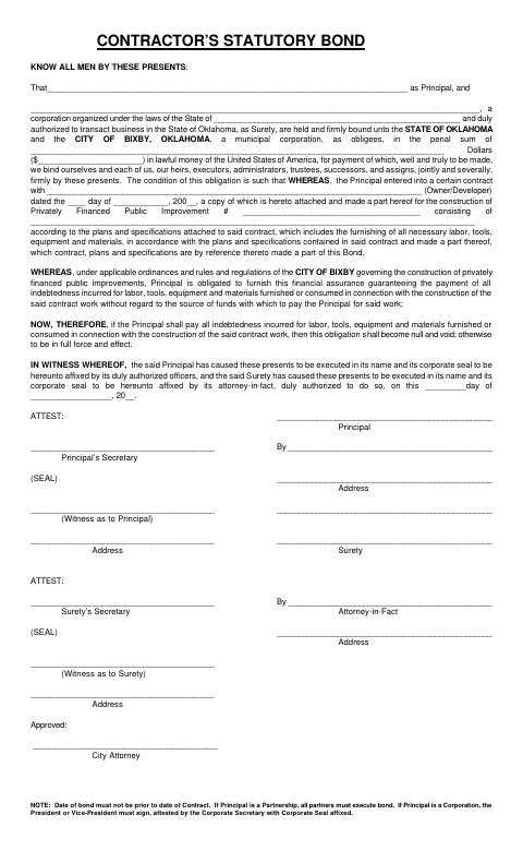 First page of the Contractor’s Statutory Bond