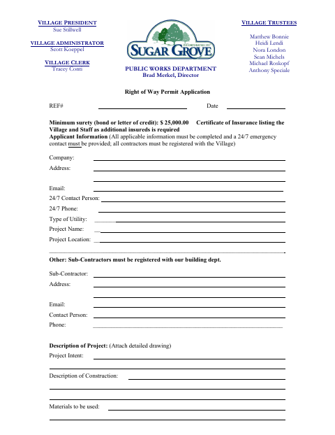 First page of the Right of Way Permit Application