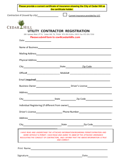 First page of the Utility Contractor Registration