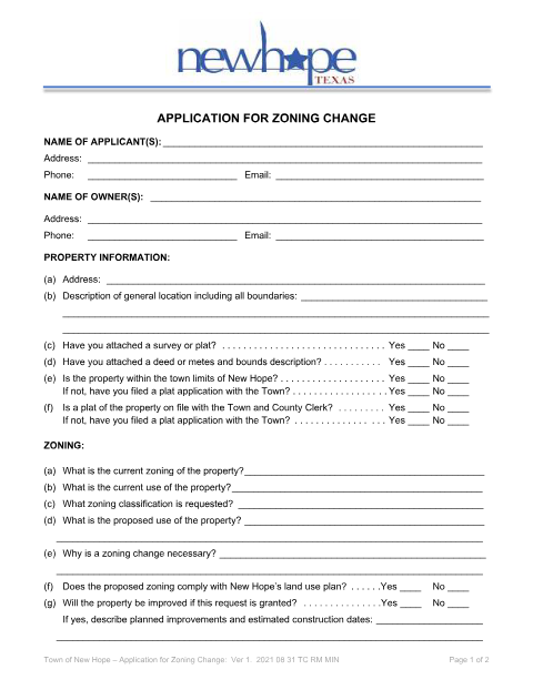 First page of the Application for Zoning Change