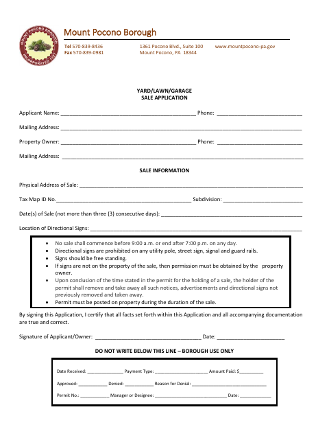 First page of the Yard/Lawn/Garage Sale Application